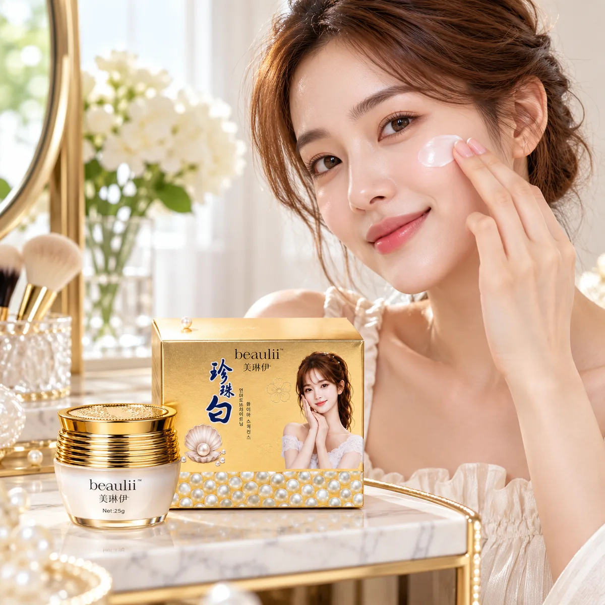 Applying Beaulii pearl powder brightening cream to the cheek for an even skin tone