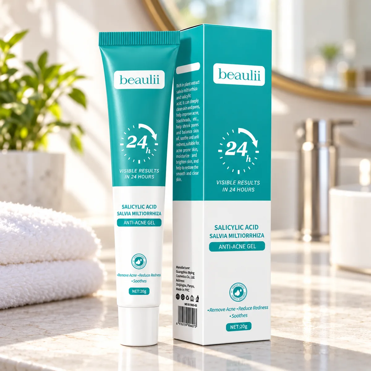 Beaulii Anti-Acne Gel tube and box on a bathroom counter for daily acne care