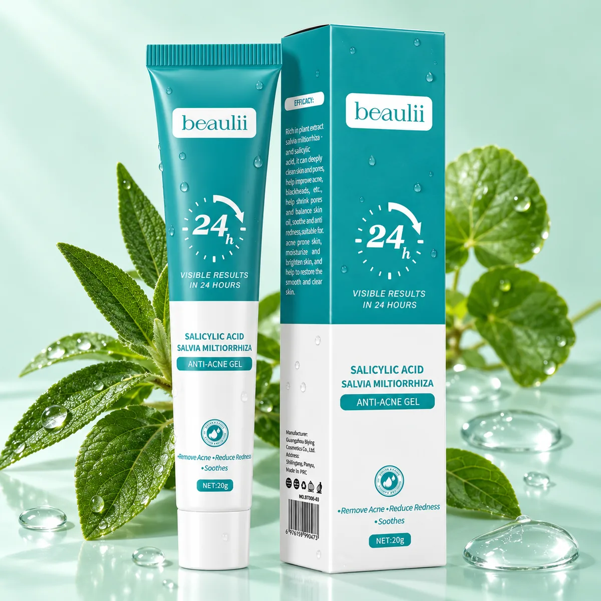 Beaulii Salicylic Acid spot gel for acne and blackheads with green leaves