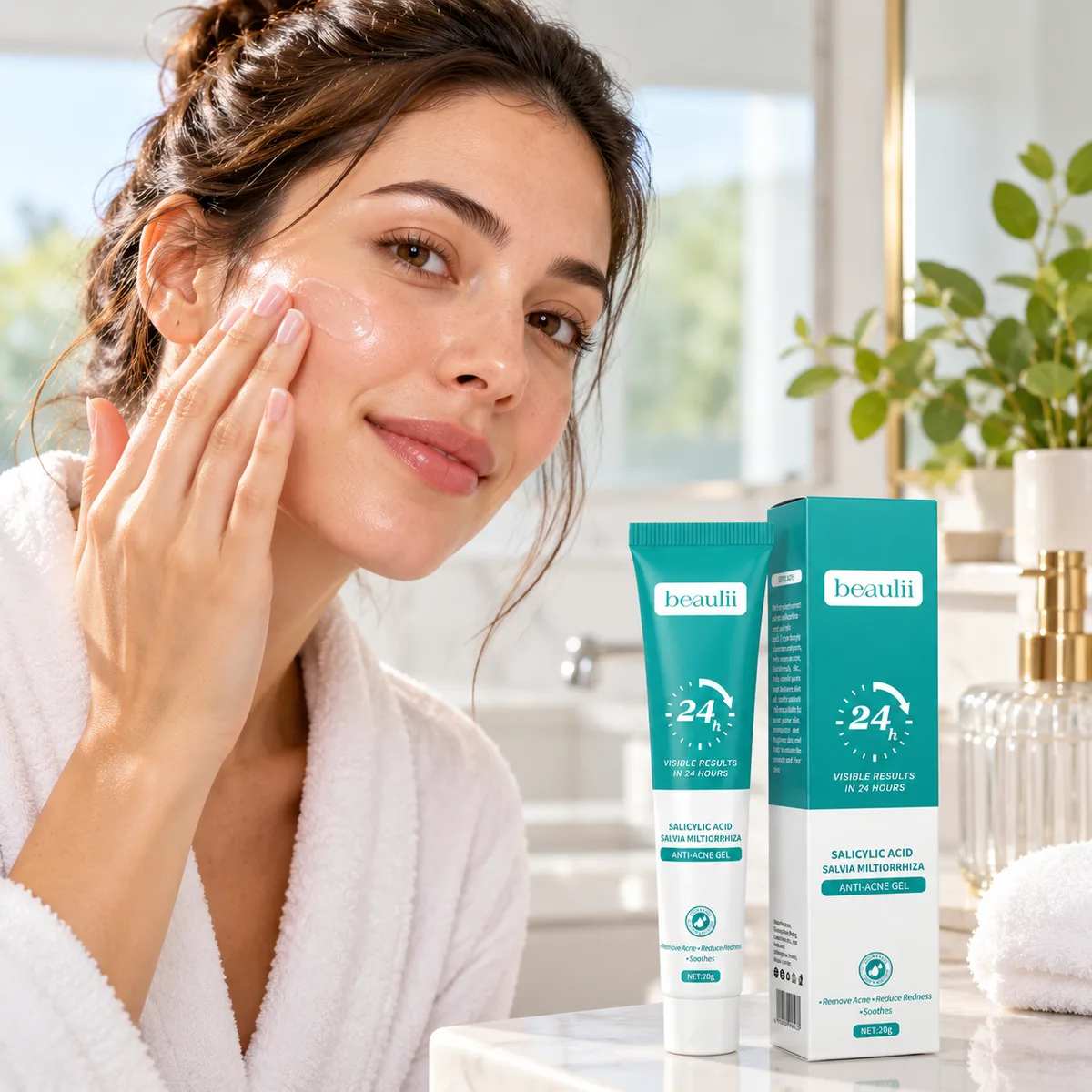 Woman applying Beaulii Salicylic Acid Anti-Acne Gel to her cheek for clearer skin
