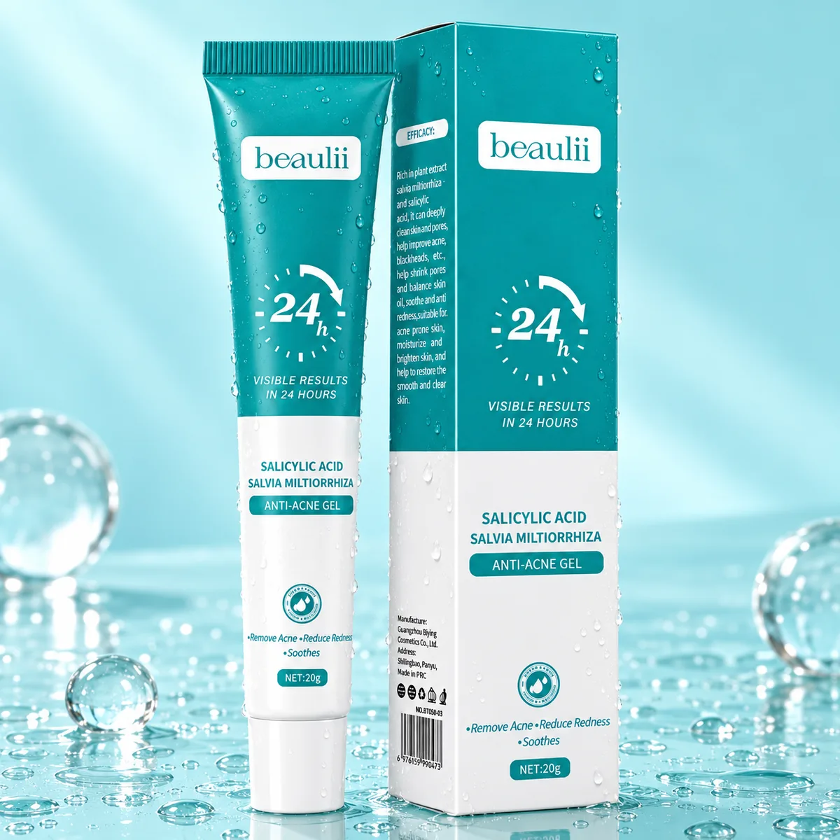 Beaulii Anti-Acne Gel with Salicylic Acid on a fresh aqua background with water drops