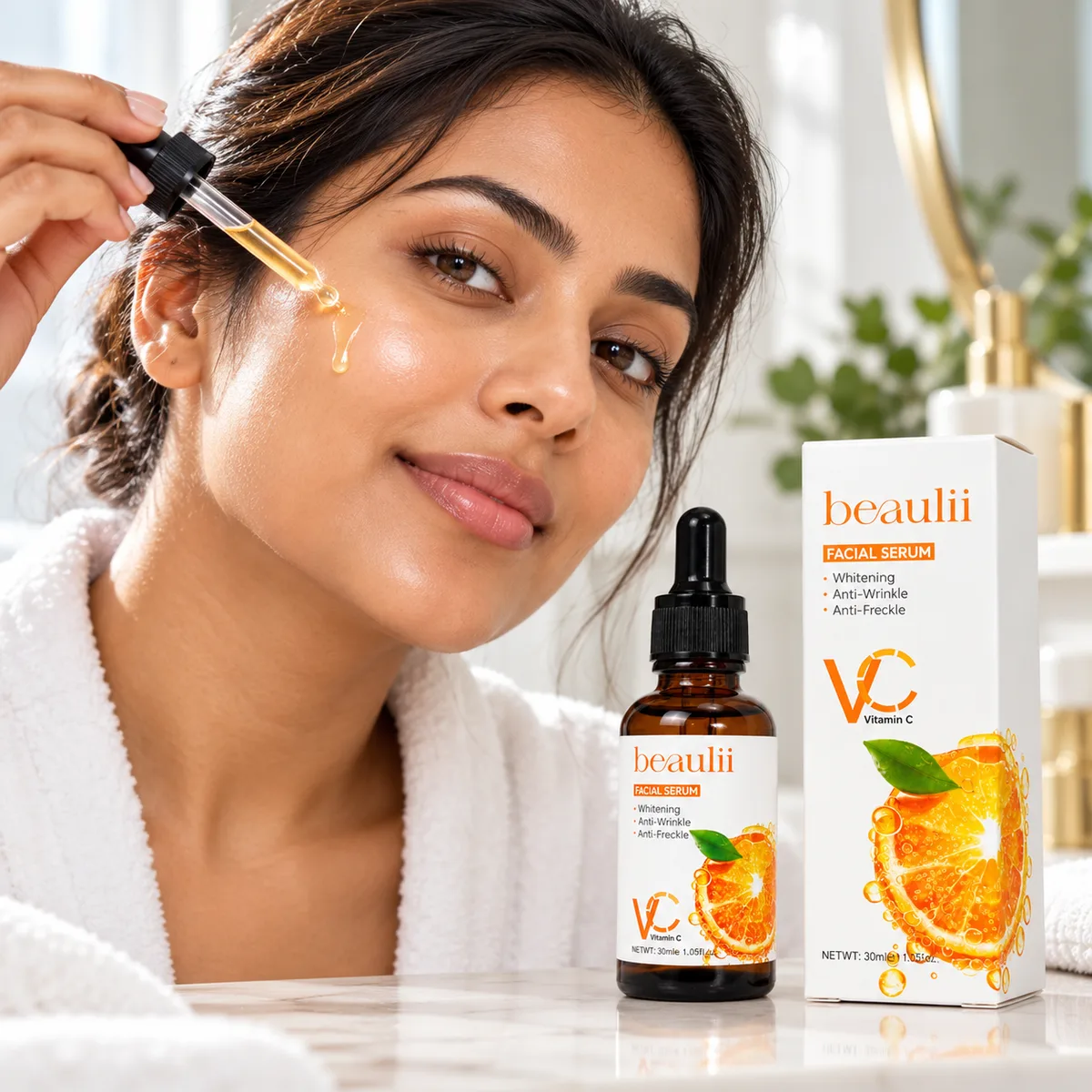 Applying Beaulii Vitamin C Facial Serum with dropper for an even skin tone