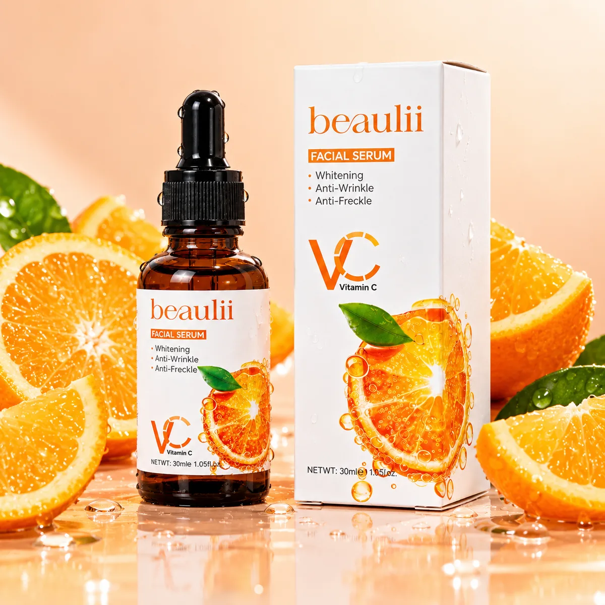 Beaulii Vitamin C brightening serum with fresh orange slices