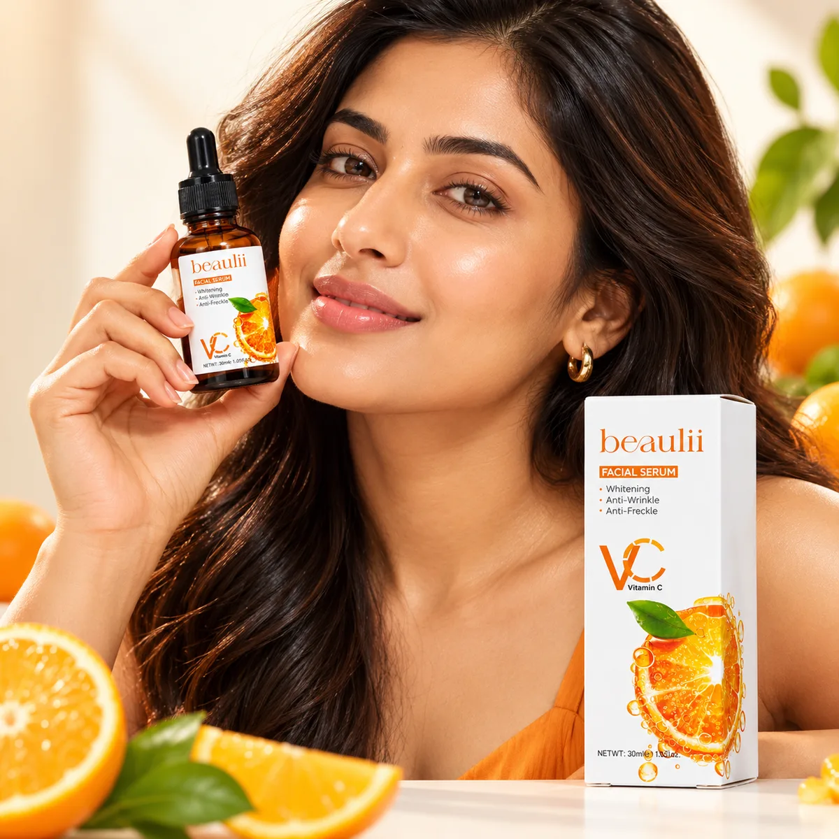 Woman holding Beaulii Vitamin C Facial Serum for bright, glowing skin