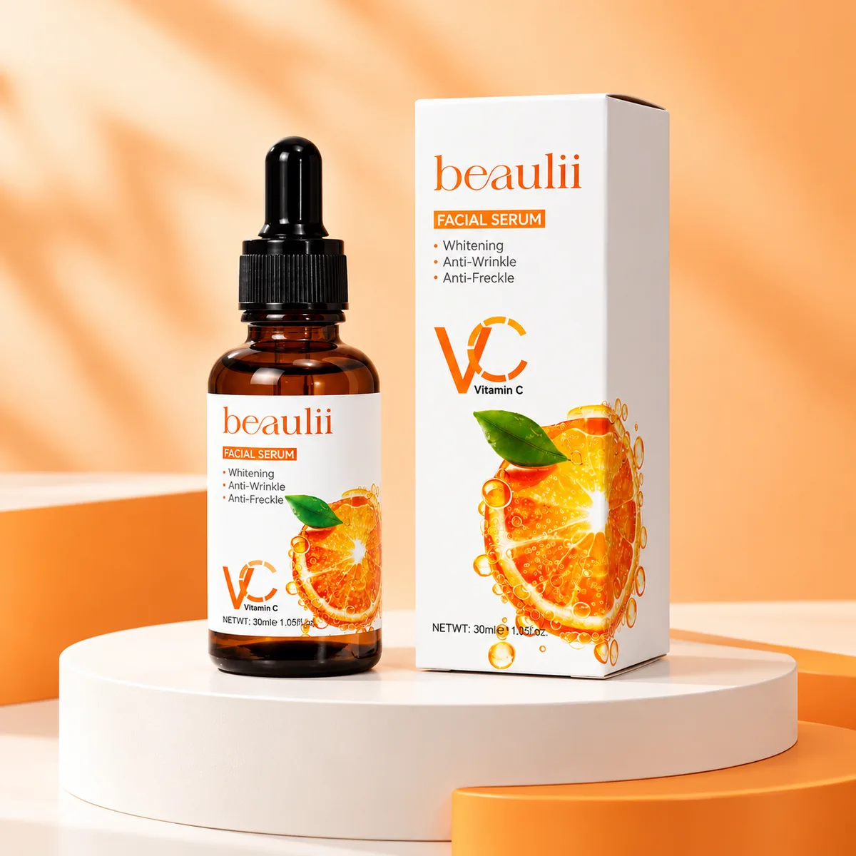 Beaulii Vitamin C anti-wrinkle face serum bottle and box on an orange podium