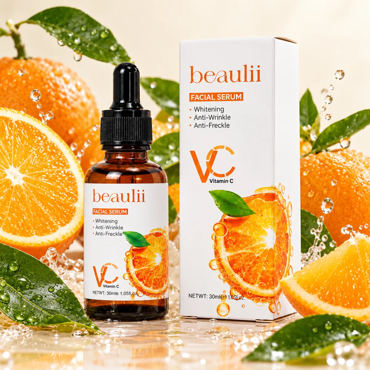 Beaulii Vitamin C anti-freckle serum with juicy oranges and water splash