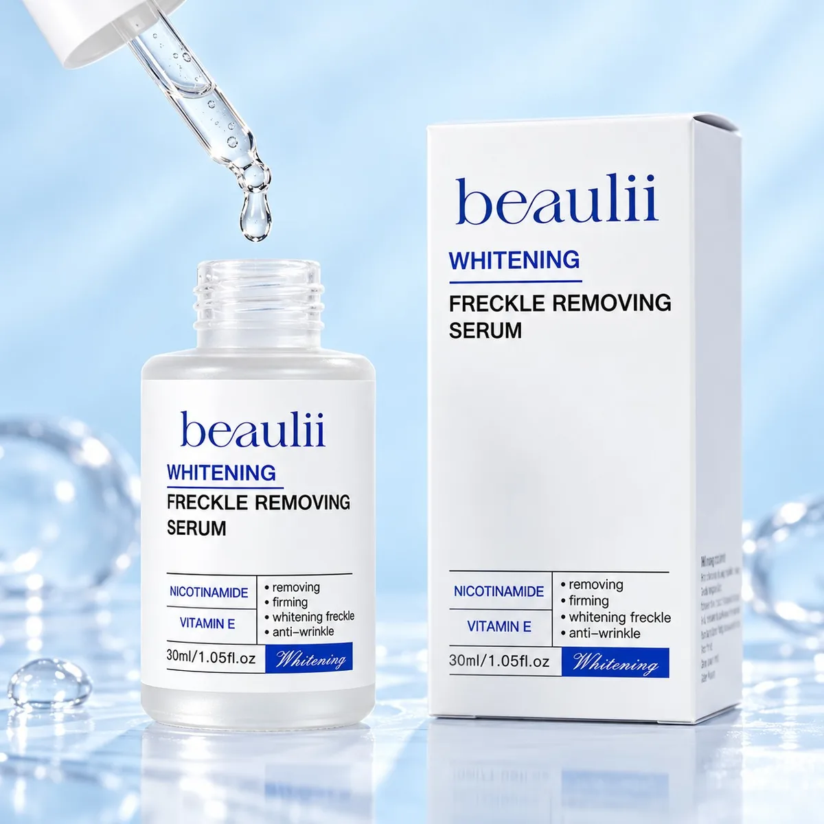 Lightweight texture of Beaulii Whitening Freckle Removing Serum dripping from the dropper