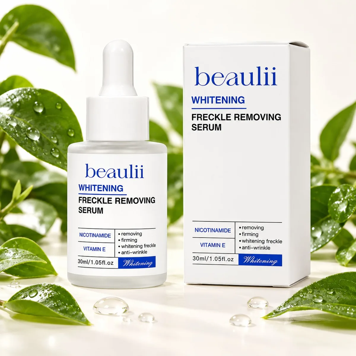 Beaulii Whitening Freckle Removing Serum with Vitamin E among fresh green leaves