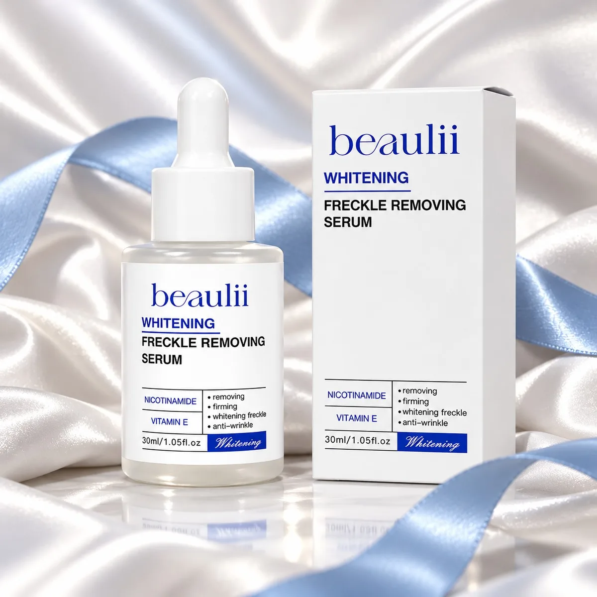 Beaulii Whitening Freckle Removing Serum for dark spots and uneven skin tone on white silk